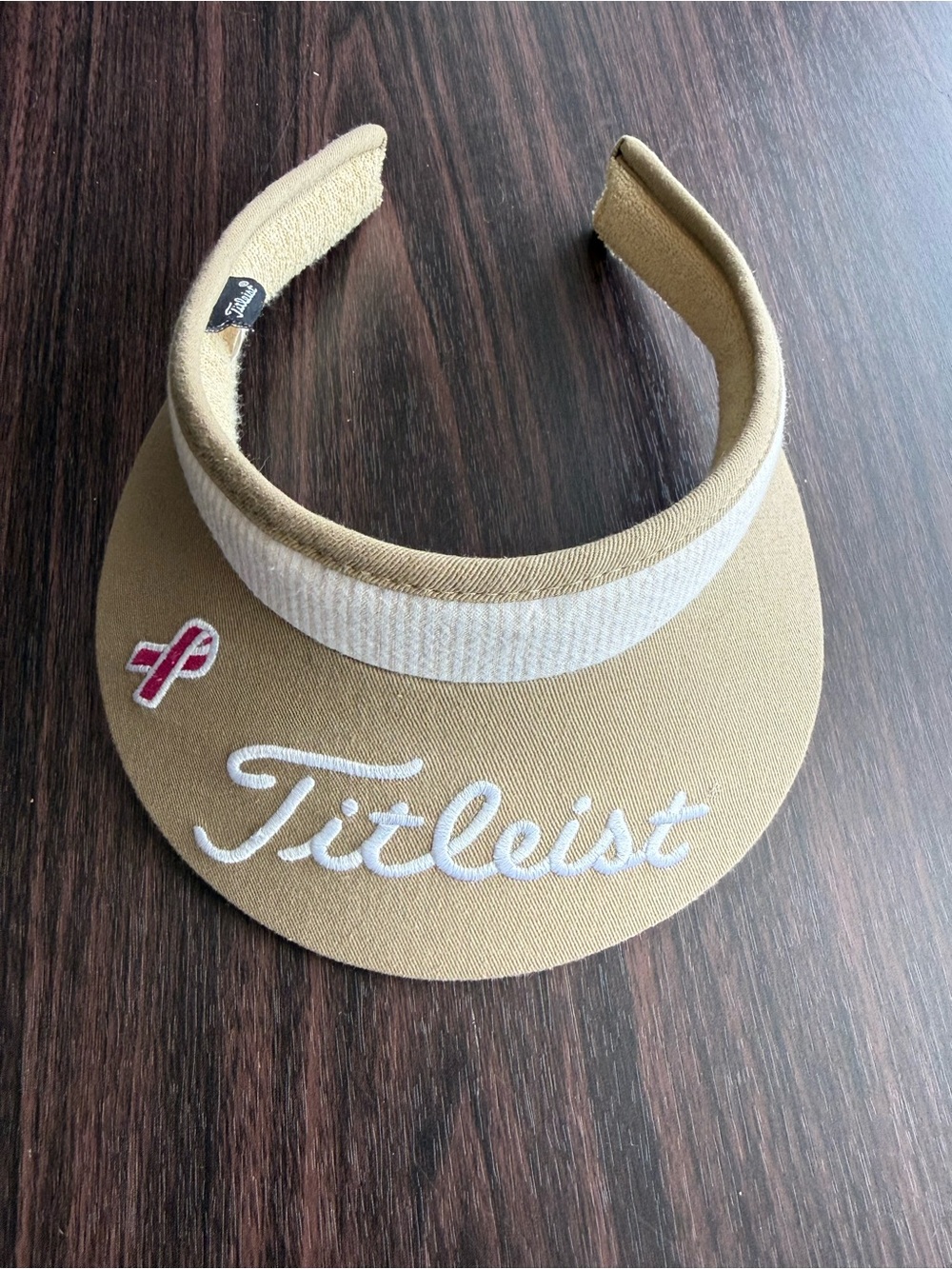 Titleist Beige Terry Cotton Golf Visor One Size Embroidered Logo Pink Ribbon